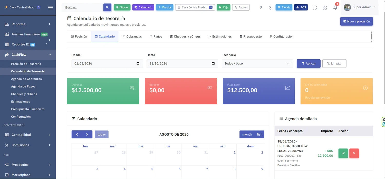 Calendario de tesorería con movimientos reales y previstos del período, agenda detallada por fecha con concepto e importe, y un selector de escenario para comparar la base con alternativas