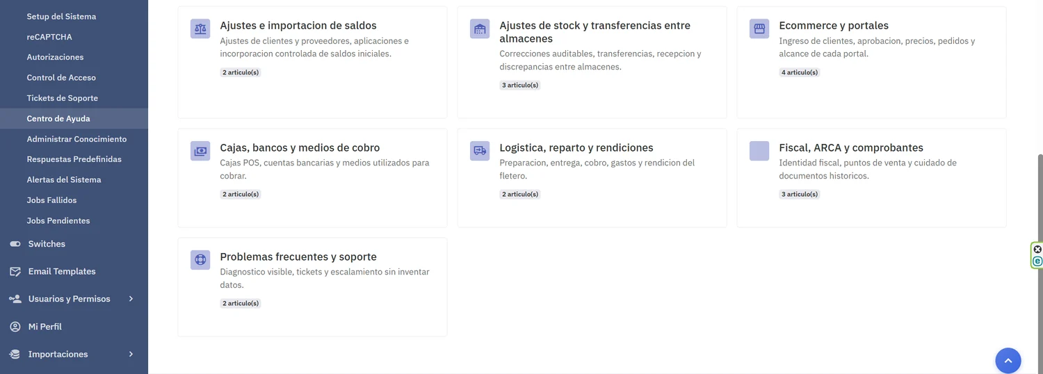 Resto de las categorías del Centro de Ayuda: ajustes de saldos, stock y transferencias, ecommerce y portales, cajas y medios de cobro, logística, fiscal y soporte