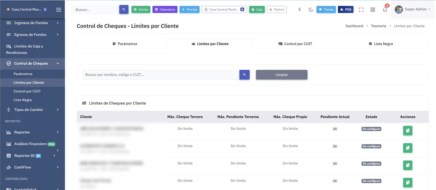 Límites de cheques por cliente, con máximo de cheque de tercero, máximo pendiente de terceros, máximo de cheque propio, pendiente actual y estado de configuración