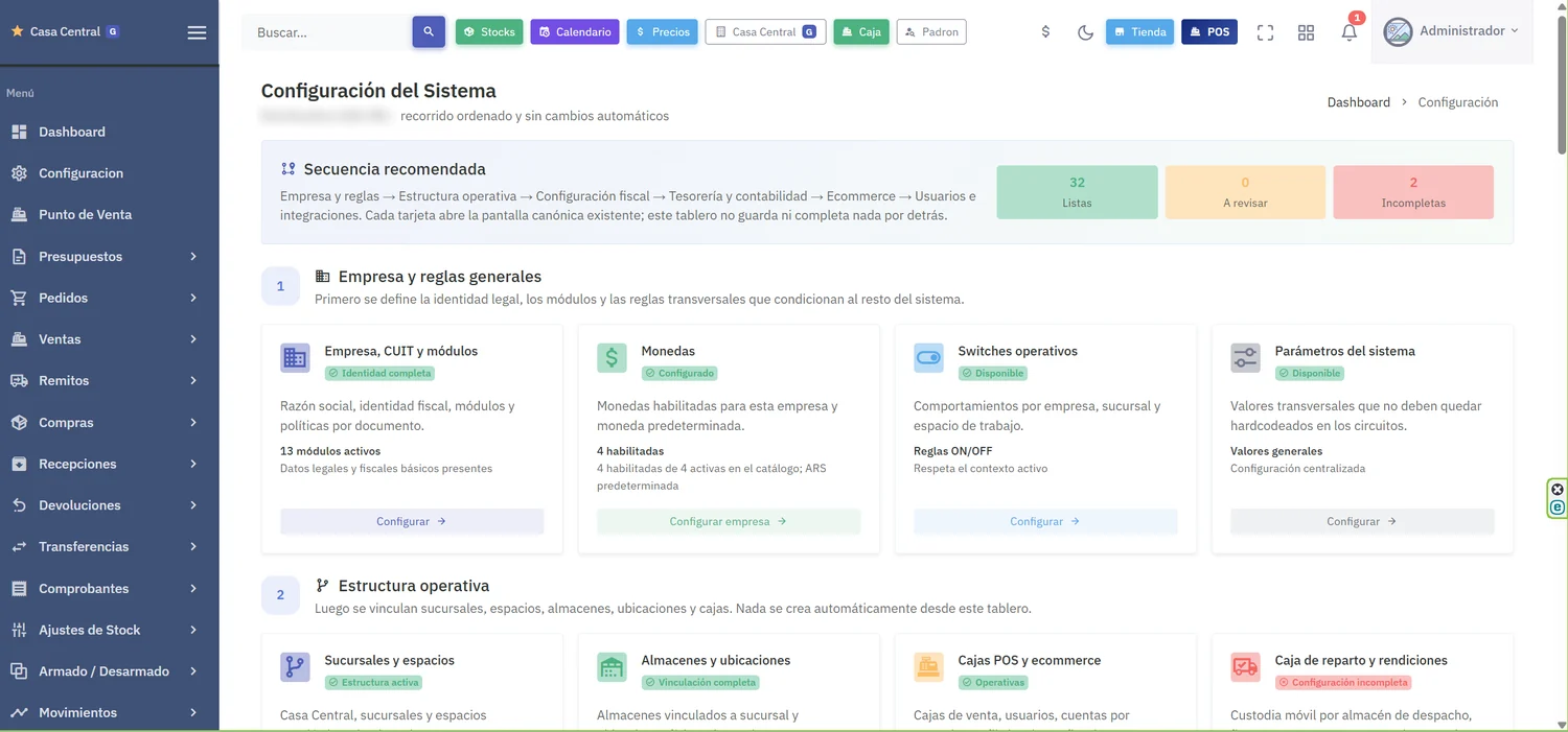 Mapa central de configuración del sistema con la secuencia recomendada —empresa y reglas, estructura operativa, configuración fiscal, tesorería, ecommerce, usuarios e integraciones— y el recuento de opciones listas, a revisar e incompletas