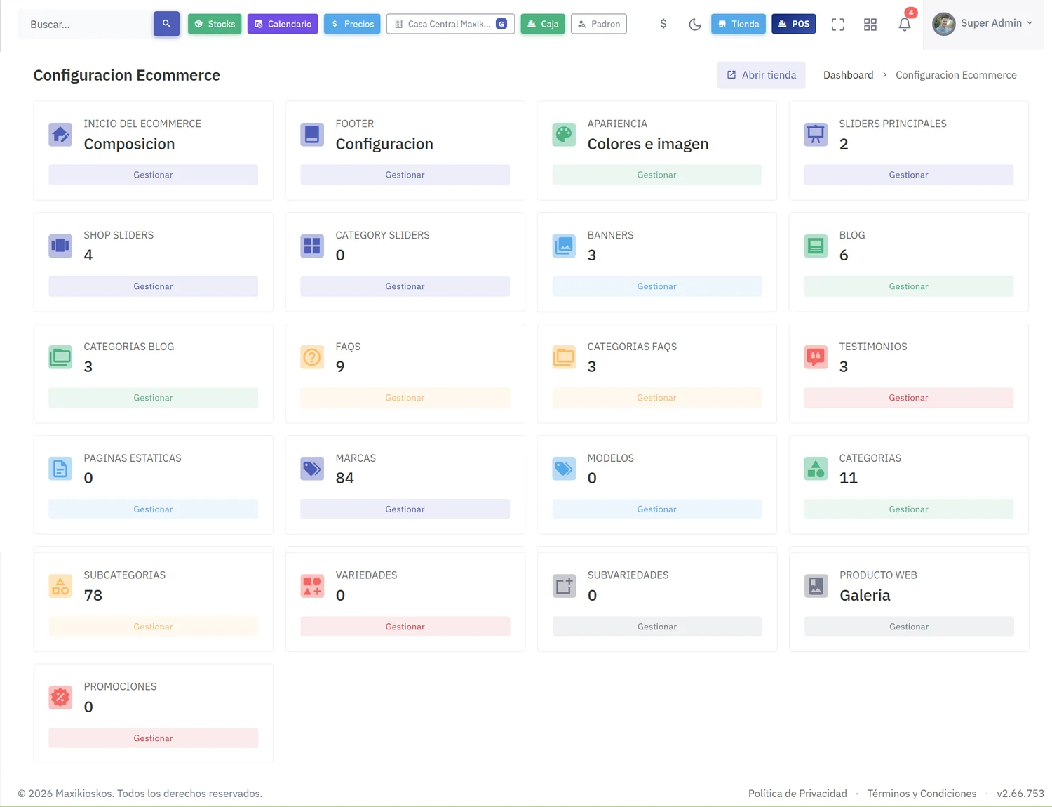 Tablero de configuración del ecommerce con accesos a inicio, footer, apariencia, sliders principales y de tienda, banners, blog y sus categorías, FAQs y sus categorías, testimonios, páginas estáticas, marcas, modelos, categorías, subcategorías, variedades, galería de producto web y promociones