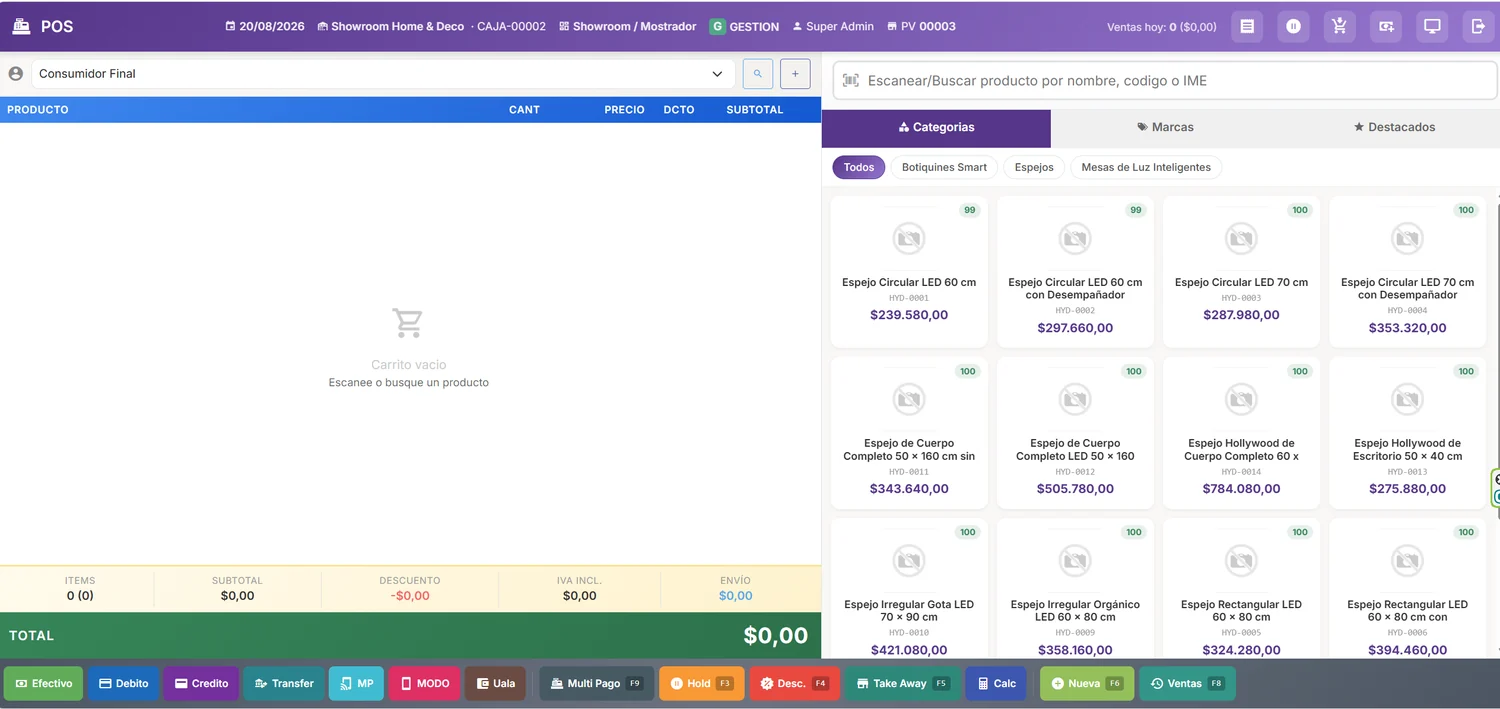 Consola del punto de venta de Tesauro, con el detalle de la venta, los medios de pago y el total