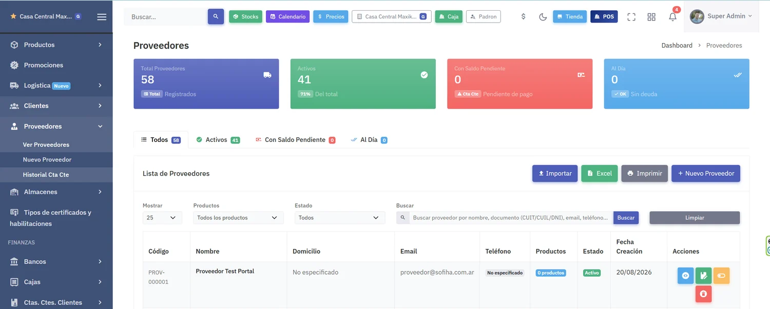 Lista de proveedores con total registrados, activos, con saldo pendiente y al día, y el detalle de cada uno con sus productos y estado