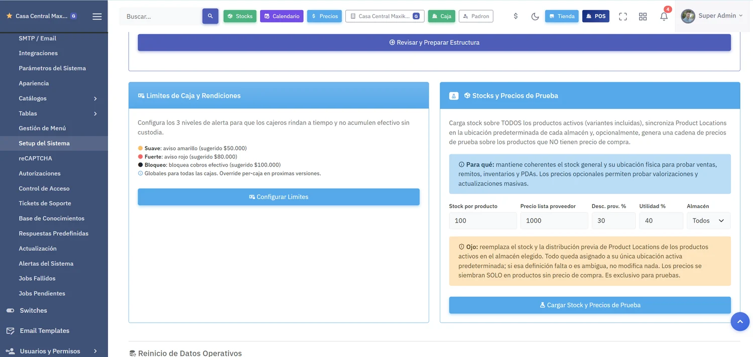 Tarjetas de setup para configurar los límites de caja y para cargar stock y precios de prueba sobre todos los productos activos, con campos de stock por producto, precio de lista de proveedor, descuento y utilidad