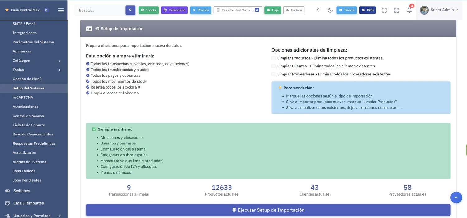 Pantalla de setup de importación con dos columnas: a la izquierda lo que siempre se elimina —transacciones, transferencias, ajustes, pagos, cobranzas y movimientos de stock— y a la derecha lo que siempre se mantiene: almacenes, ubicaciones, usuarios, permisos, configuración del sistema, categorías, marcas y configuración de IVA