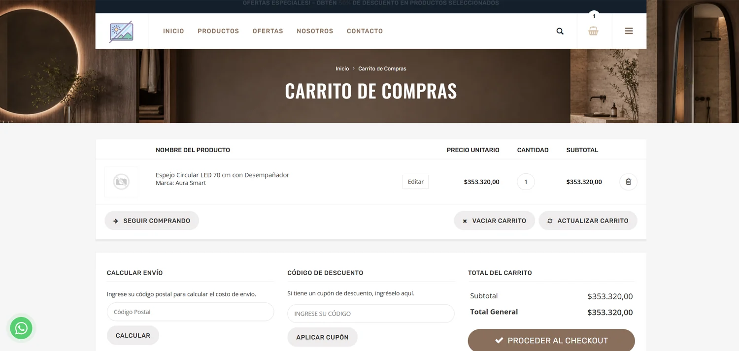 Carrito de compras con producto, precio unitario, cantidad, cálculo de envío por código postal y cupón de descuento